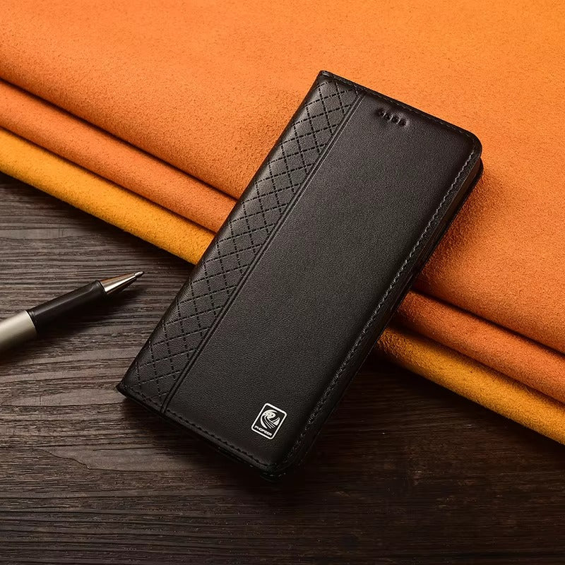 Luxury iPhone Case — Genuine Leather Flip Cover with Magnetic Closure, Card Slot Holder, Business-Style Kickstand and Full-Body Shockproof Protection