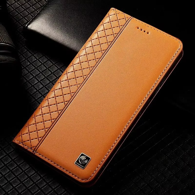 Luxury iPhone Case — Genuine Leather Flip Cover with Magnetic Closure, Card Slot Holder, Business-Style Kickstand and Full-Body Shockproof Protection