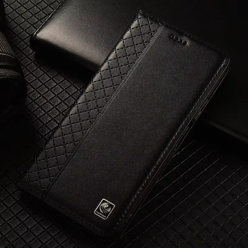 Luxury iPhone Case — Genuine Leather Flip Cover with Magnetic Closure, Card Slot Holder, Business-Style Kickstand and Full-Body Shockproof Protection