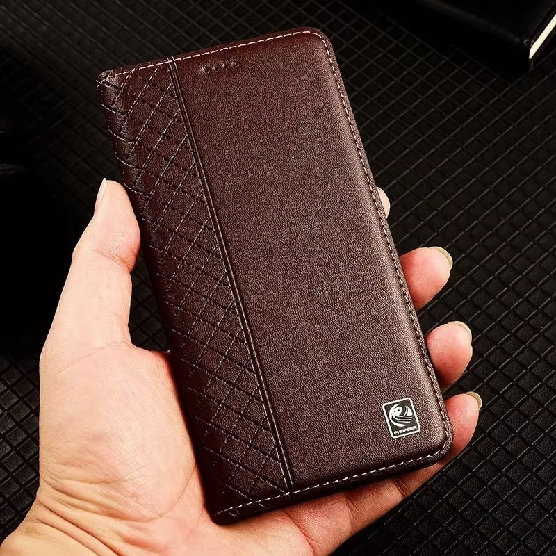 Luxury iPhone Case — Genuine Leather Flip Cover with Magnetic Closure, Card Slot Holder, Business-Style Kickstand and Full-Body Shockproof Protection