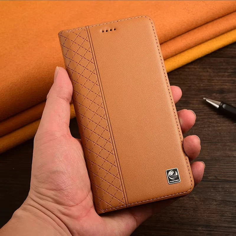 Luxury iPhone Case — Genuine Leather Flip Cover with Magnetic Closure, Card Slot Holder, Business-Style Kickstand and Full-Body Shockproof Protection