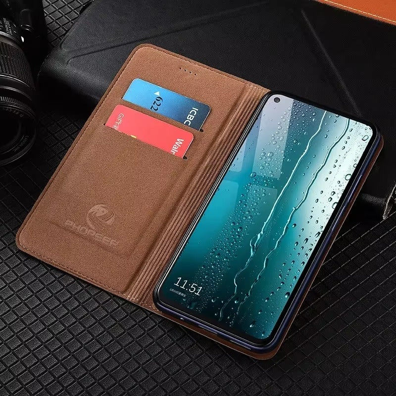 Luxury iPhone Case — Genuine Leather Flip Cover with Magnetic Closure, Card Slot Holder, Business-Style Kickstand and Full-Body Shockproof Protection