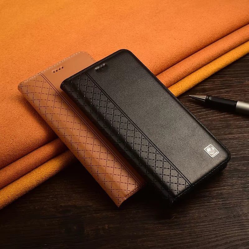 Luxury iPhone Case — Genuine Leather Flip Cover with Magnetic Closure, Card Slot Holder, Business-Style Kickstand and Full-Body Shockproof Protection