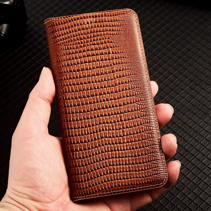 Luxury iPhone Case — Genuine Lizard Leather Flip Wallet Cover with Magnetic Closure, Kickstand Holder, Dustproof Non-Slip Design and Premium Full-Body Protection