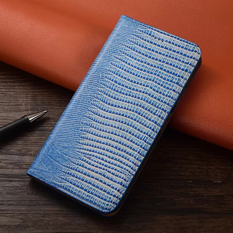 Luxury iPhone Case — Genuine Lizard Leather Flip Wallet Cover with Magnetic Closure, Kickstand Holder, Dustproof Non-Slip Design and Premium Full-Body Protection