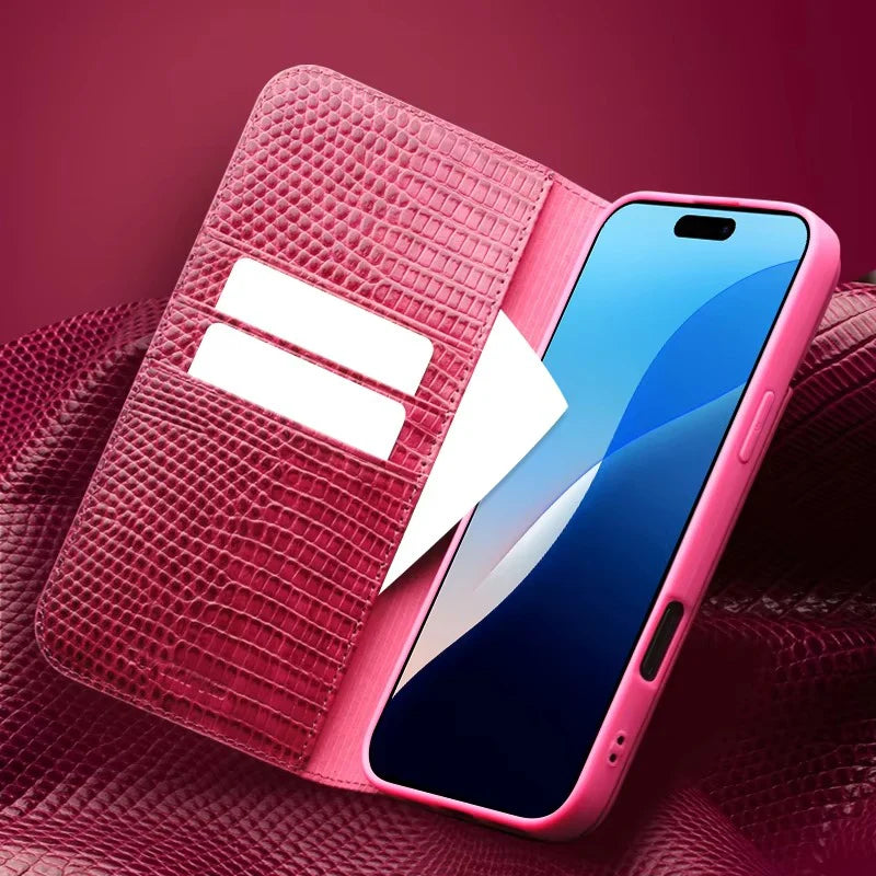 Luxury iPhone Case — Genuine Lizard Leather Flip Wallet Cover with Magnetic Closure, Kickstand Holder, Dustproof Non-Slip Design and Premium Full-Body Protection
