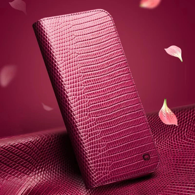 Luxury iPhone Case — Genuine Lizard Leather Flip Wallet Cover with Magnetic Closure, Kickstand Holder, Dustproof Non-Slip Design and Premium Full-Body Protection