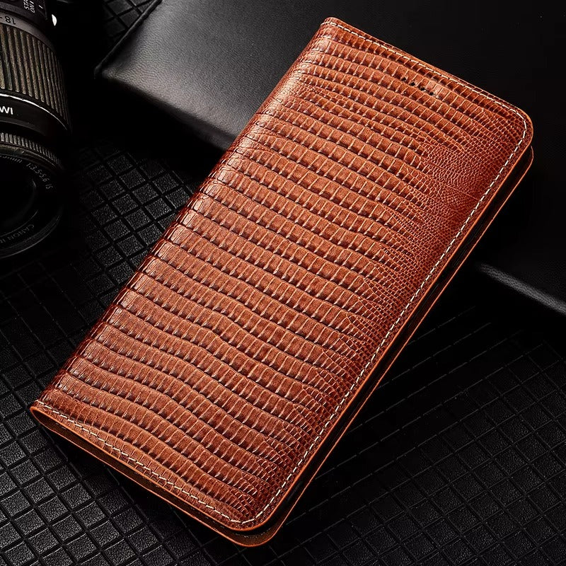 Luxury iPhone Case — Genuine Lizard Leather Flip Wallet Cover with Magnetic Closure, Kickstand Holder, Dustproof Non-Slip Design and Premium Full-Body Protection