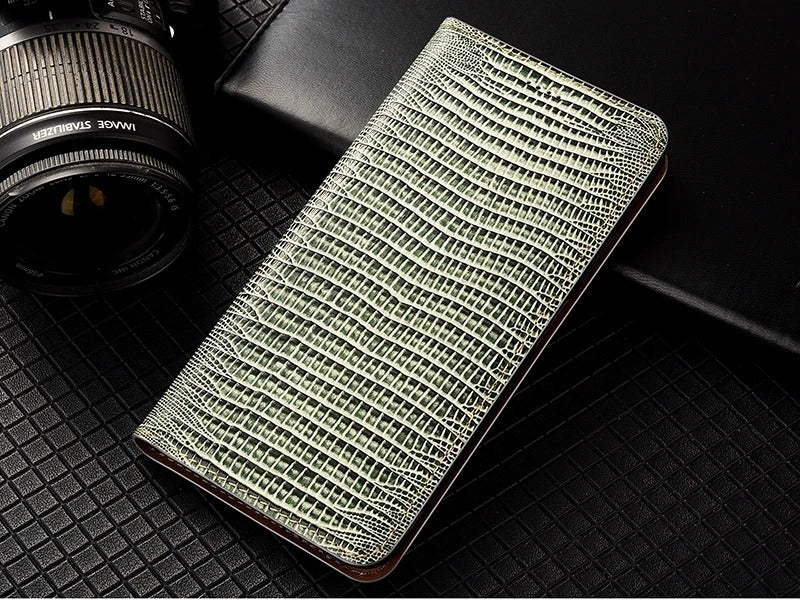 Luxury iPhone Case — Genuine Lizard Leather Flip Wallet Cover with Magnetic Closure, Kickstand Holder, Dustproof Non-Slip Design and Premium Full-Body Protection