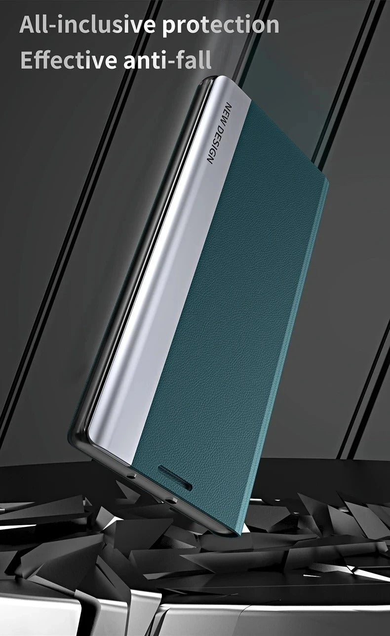 Luxury iPhone Case — Leather Flip Cover with Plating Book-Style Design, Kickstand Holder, Shockproof Protection and Anti-Fingerprint Matte Finish