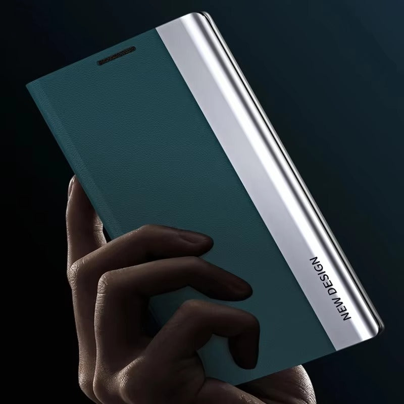 Luxury iPhone Case — Leather Flip Cover with Plating Book-Style Design, Kickstand Holder, Shockproof Protection and Anti-Fingerprint Matte Finish
