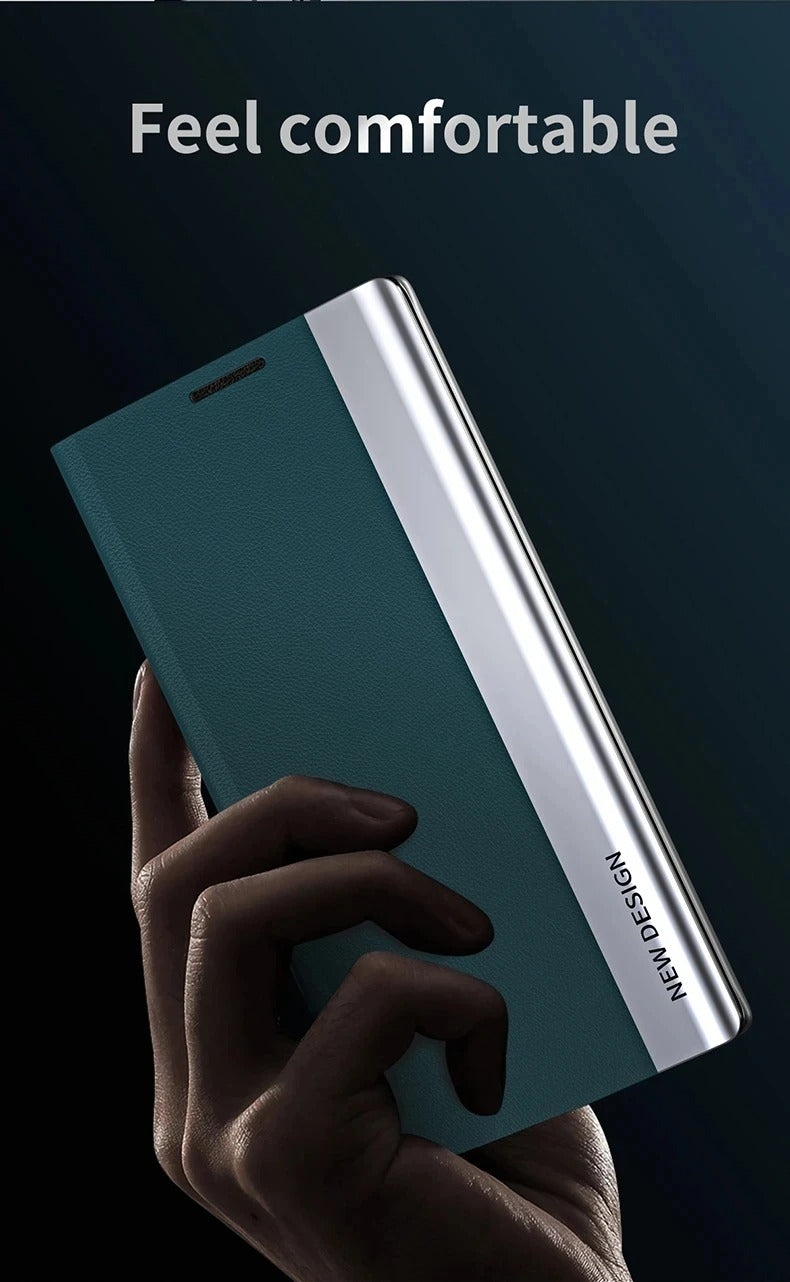 Luxury iPhone Case — Leather Flip Cover with Plating Book-Style Design, Kickstand Holder, Shockproof Protection and Anti-Fingerprint Matte Finish