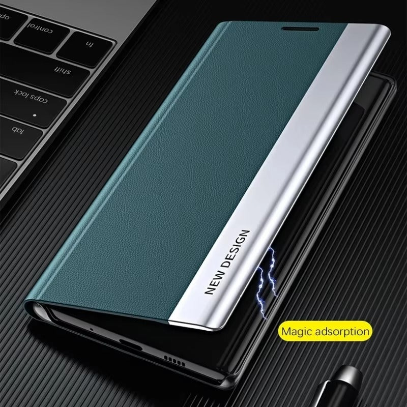 Luxury iPhone Case — Leather Flip Cover with Plating Book-Style Design, Kickstand Holder, Shockproof Protection and Anti-Fingerprint Matte Finish