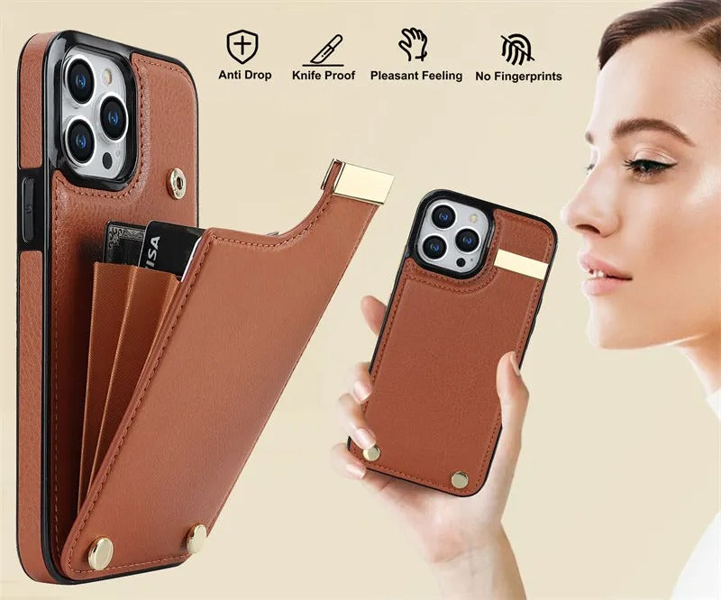 Luxury iPhone Case — Leather Wallet Cover with Card Holders, Kickstand Function, Full-Body Shockproof Protection in a Stylish Functional Design