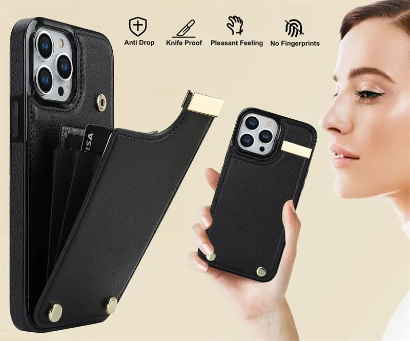 Luxury iPhone Case — Leather Wallet Cover with Card Holders, Kickstand Function, Full-Body Shockproof Protection in a Stylish Functional Design