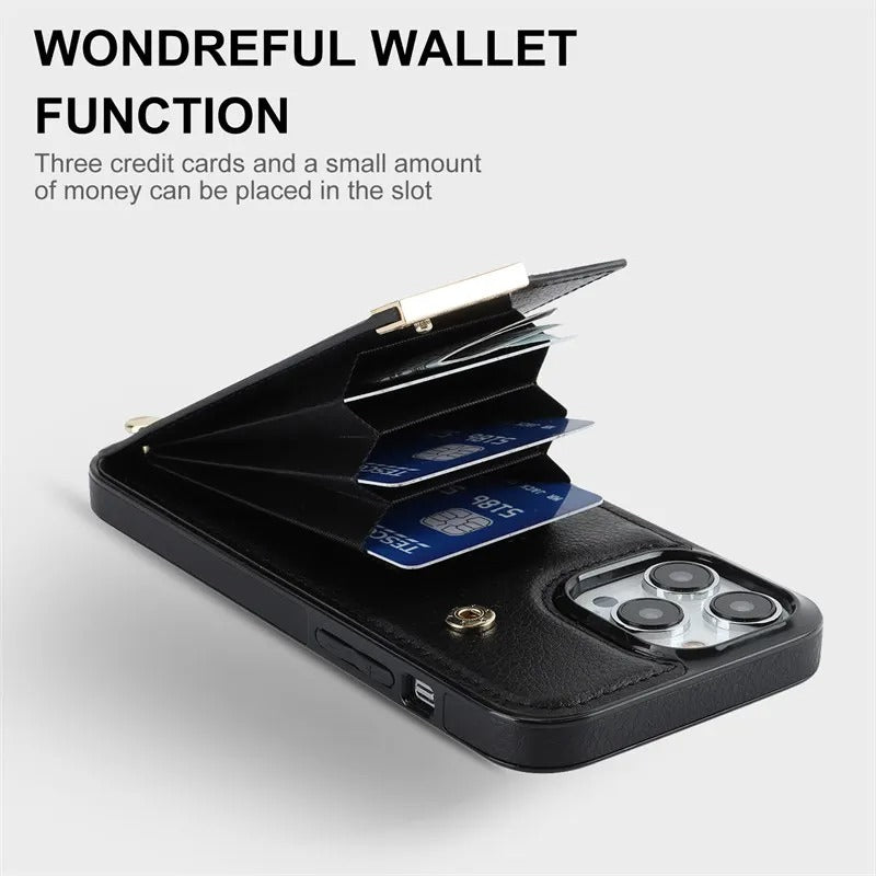 Luxury iPhone Case — Leather Wallet Cover with Card Holders, Kickstand Function, Full-Body Shockproof Protection in a Stylish Functional Design