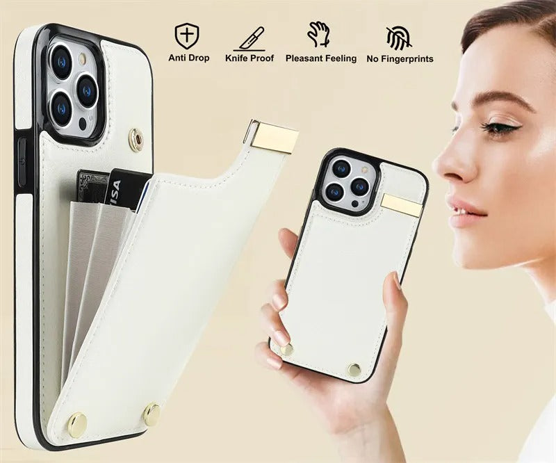 Luxury iPhone Case — Leather Wallet Cover with Card Holders, Kickstand Function, Full-Body Shockproof Protection in a Stylish Functional Design
