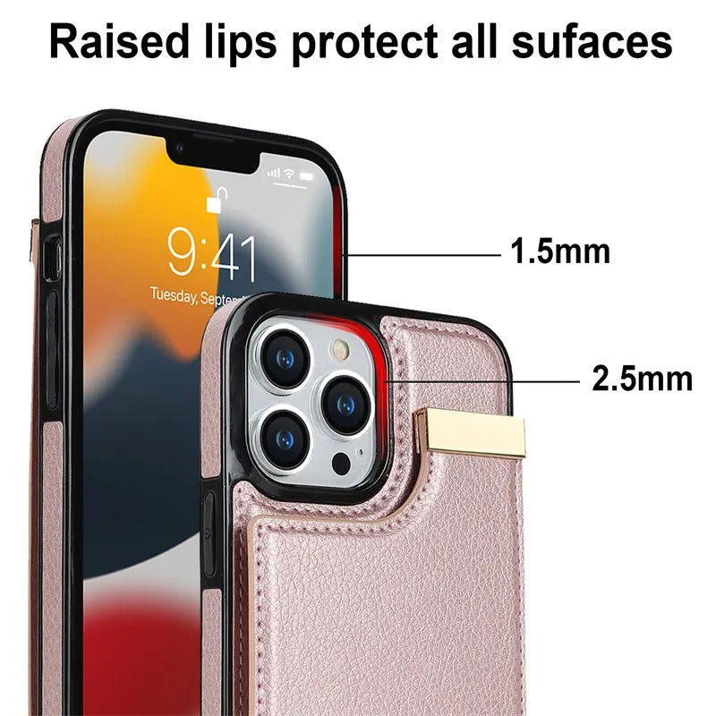 Luxury iPhone Case — Leather Wallet Cover with Card Holders, Kickstand Function, Full-Body Shockproof Protection in a Stylish Functional Design
