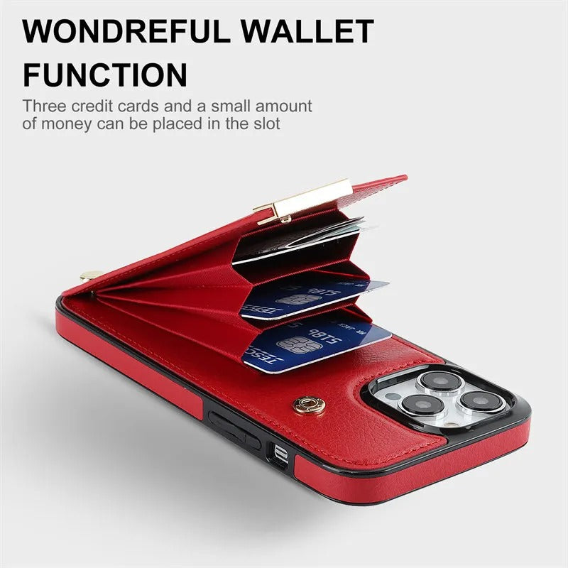 Luxury iPhone Case — Leather Wallet Cover with Card Holders, Kickstand Function, Full-Body Shockproof Protection in a Stylish Functional Design