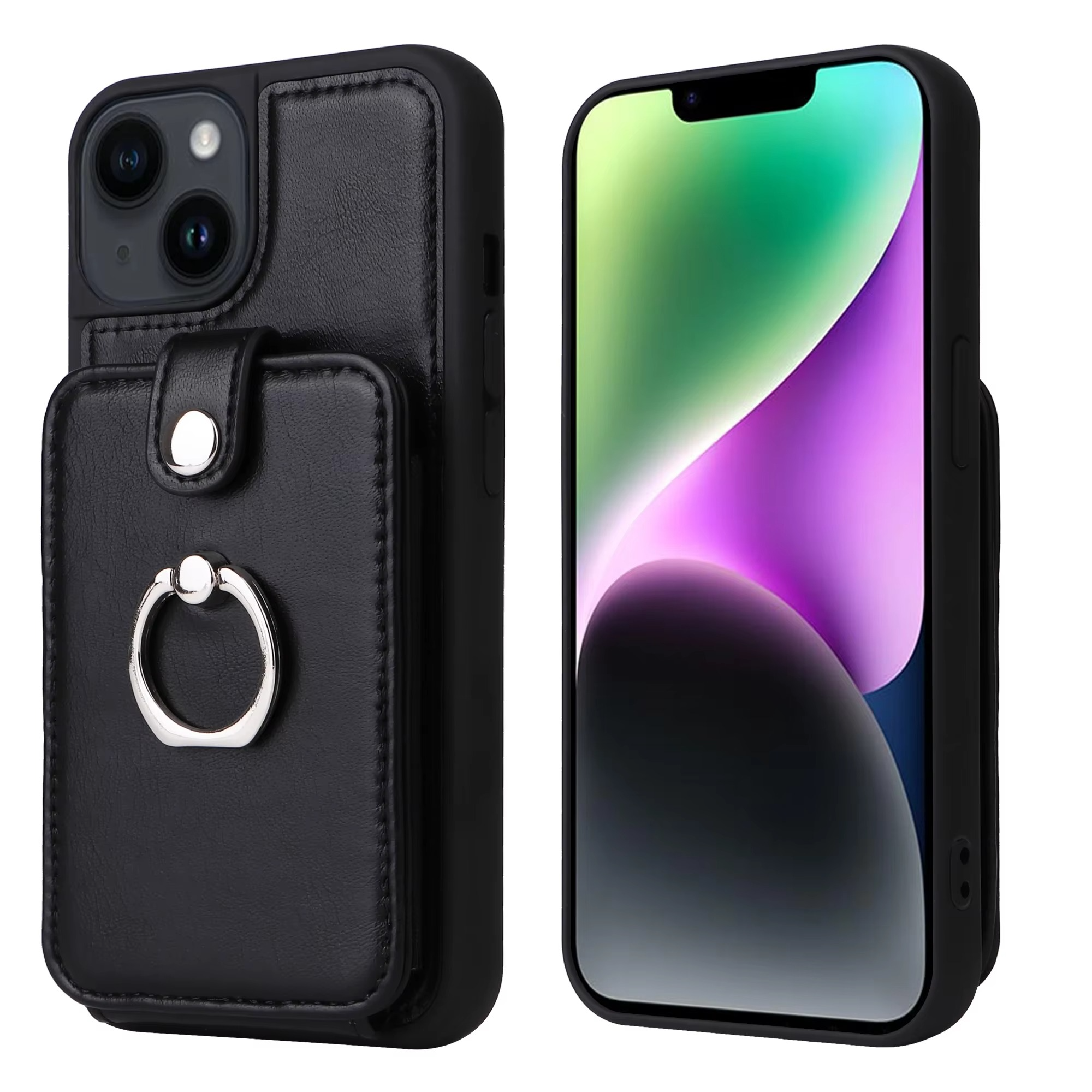 Luxury iPhone Case — Leather Wallet Cover with Ring Holder, Card Slot Design, Shockproof Protection and Anti-Fingerprint Scratch-Resistant Non-Slip Finish