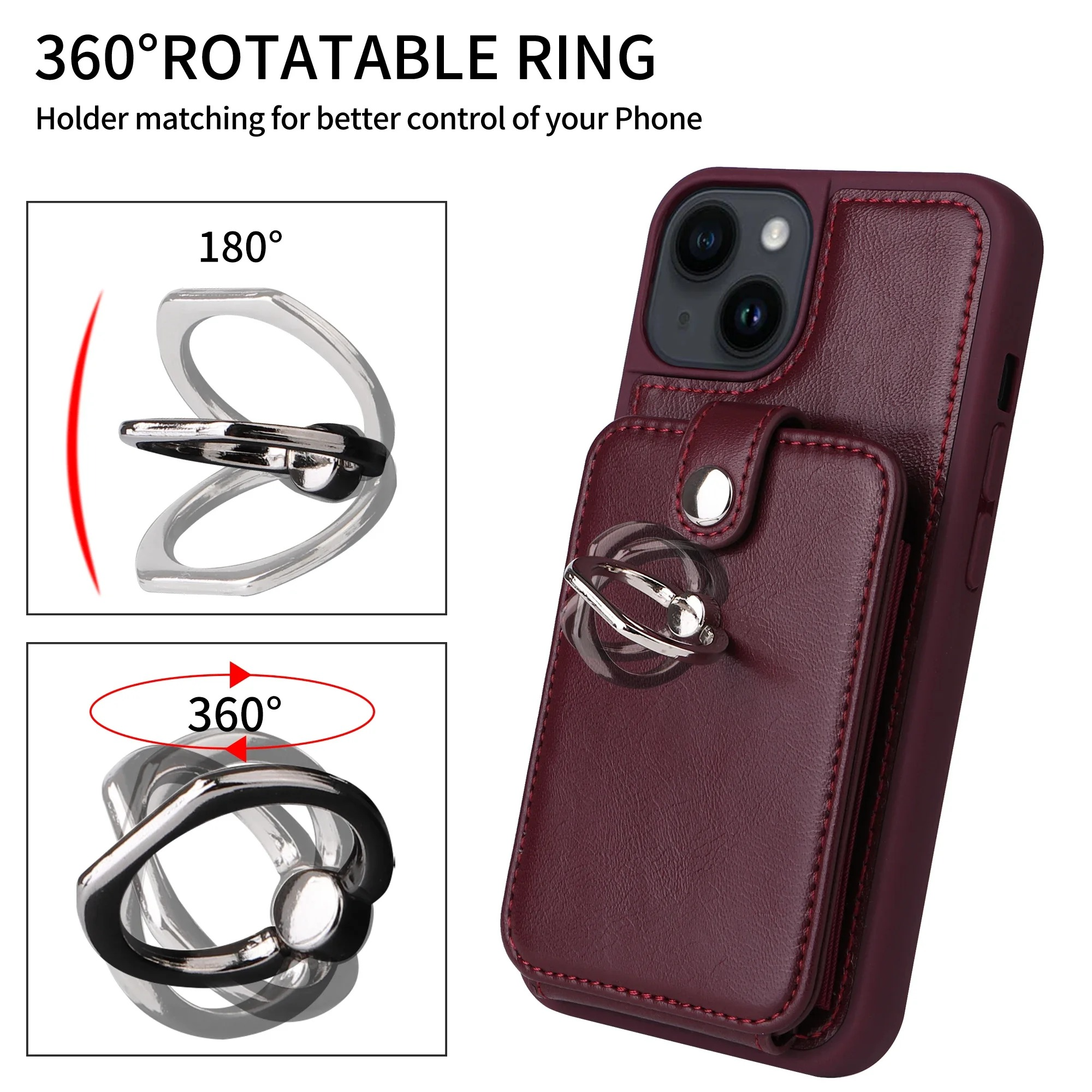 Luxury iPhone Case — Leather Wallet Cover with Ring Holder, Card Slot Design, Shockproof Protection and Anti-Fingerprint Scratch-Resistant Non-Slip Finish
