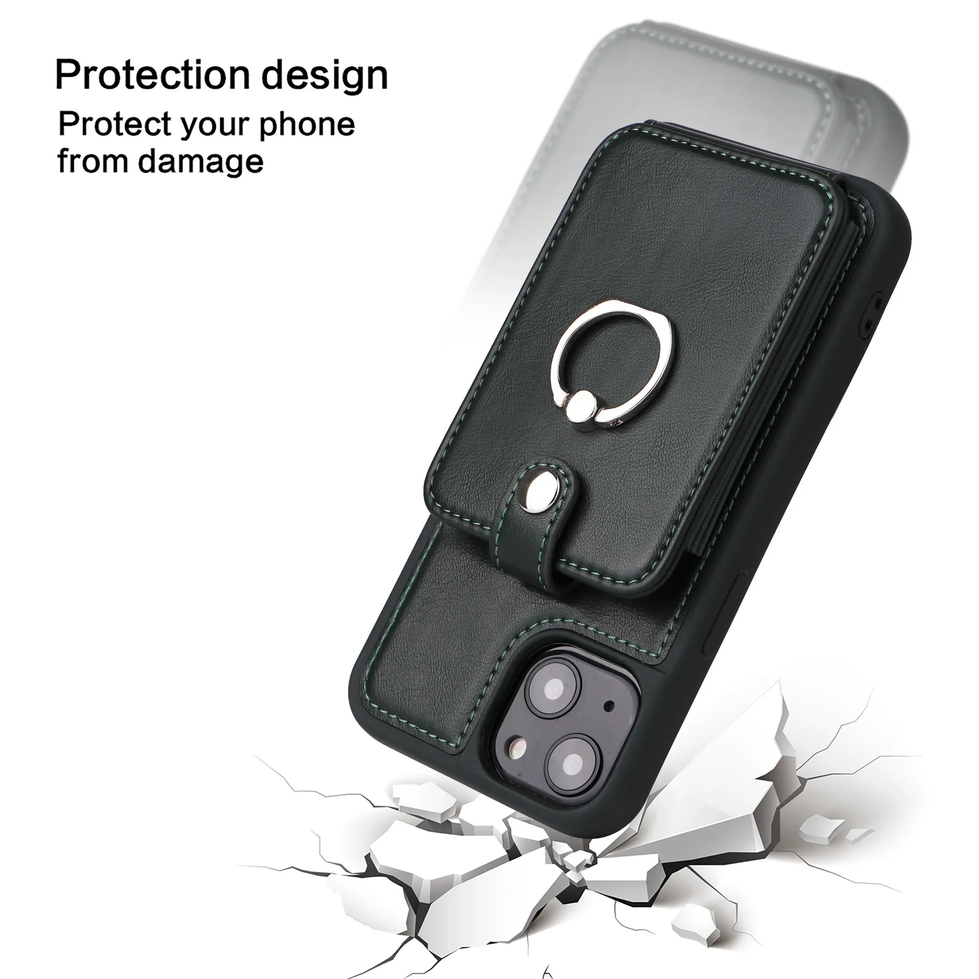 Luxury iPhone Case — Leather Wallet Cover with Ring Holder, Card Slot Design, Shockproof Protection and Anti-Fingerprint Scratch-Resistant Non-Slip Finish