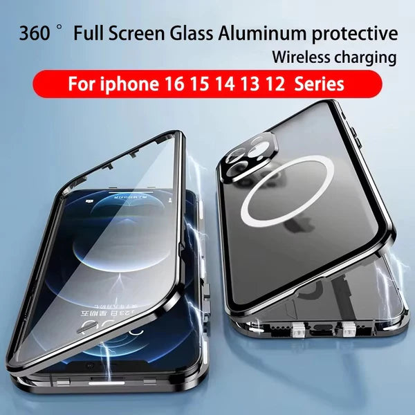 Luxury iPhone Case — MagSafe Double-Sided Glass Cover with 360° Full-Body Protection, HD Transparent Metal Alloy Frame and Magnetic Shockproof Anti-Fingerprint Design