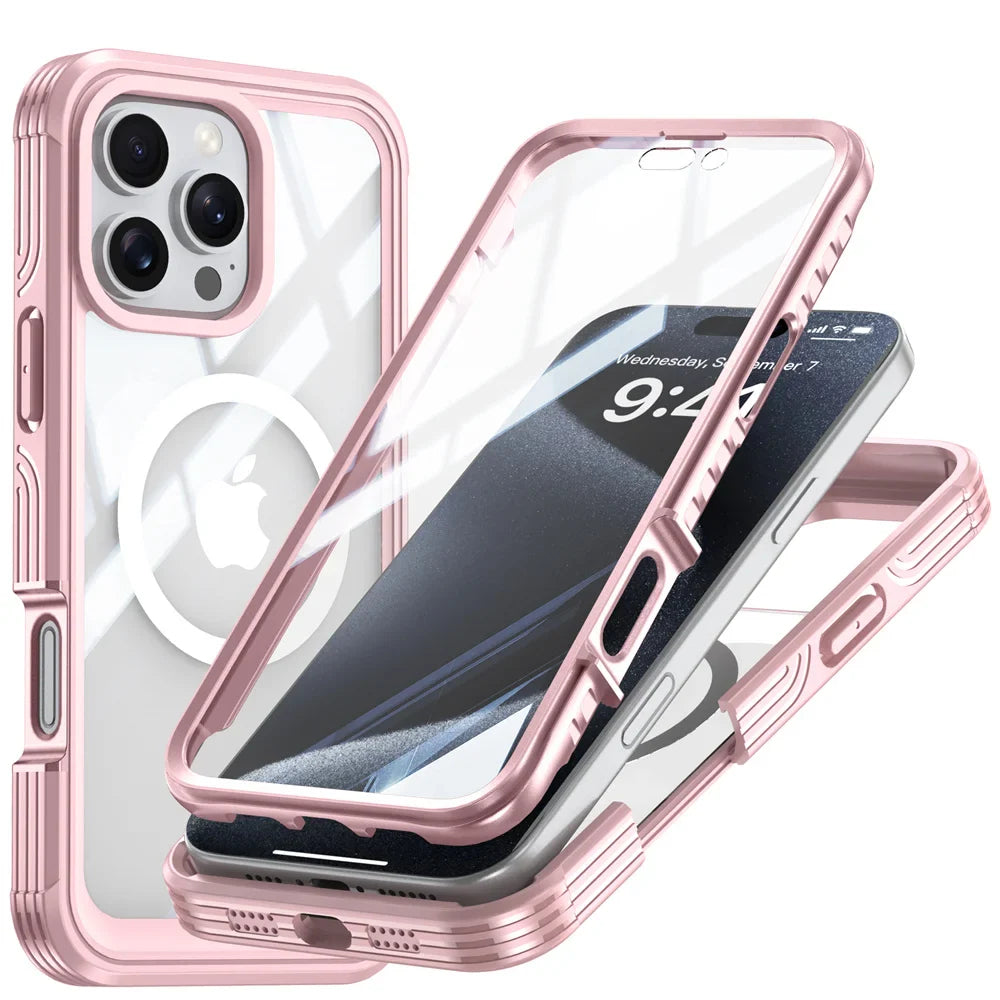 Luxury iPhone Case — Magnetic Double-Sided Tempered Glass Cover, MagSafe Compatible Full-Coverage Design with Dual-Layer Shockproof Protection and Anti-Fingerprint Transparency