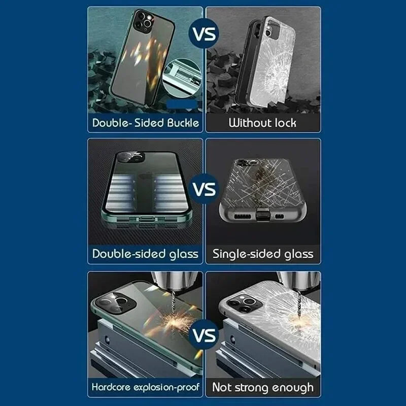 Luxury iPhone Case — Magnetic Metal Frame with Double-Sided Glass, 360° Full-Body Protection, Shockproof Transparent Cover and Slim Scratch-Resistant Durable Design