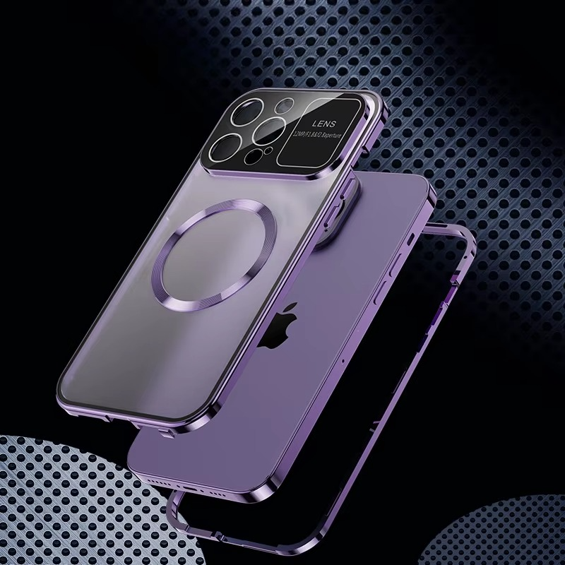 Luxury iPhone Case — Magnetic Metal Cover with Large Window Lens Protection, Aluminum Frame, Tempered Glass Screen Shield and Shockproof Slim Scratch-Resistant Design