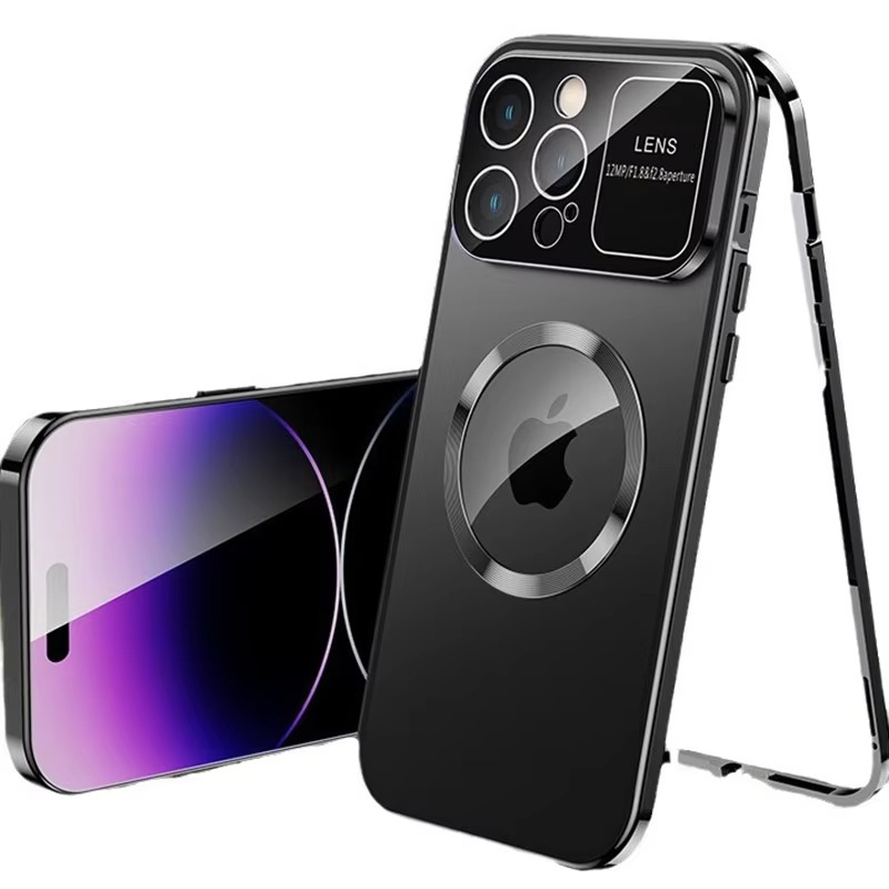 Luxury iPhone Case — Magnetic Metal Cover with Large Window Lens Protection, Aluminum Frame, Tempered Glass Screen Shield and Shockproof Slim Scratch-Resistant Design