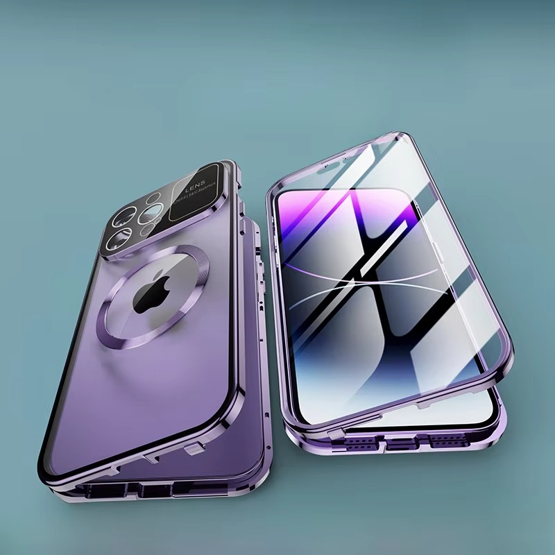 Luxury iPhone Case — Magnetic Metal Cover with Large Window Lens Protection, Aluminum Frame, Tempered Glass Screen Shield and Shockproof Slim Scratch-Resistant Design