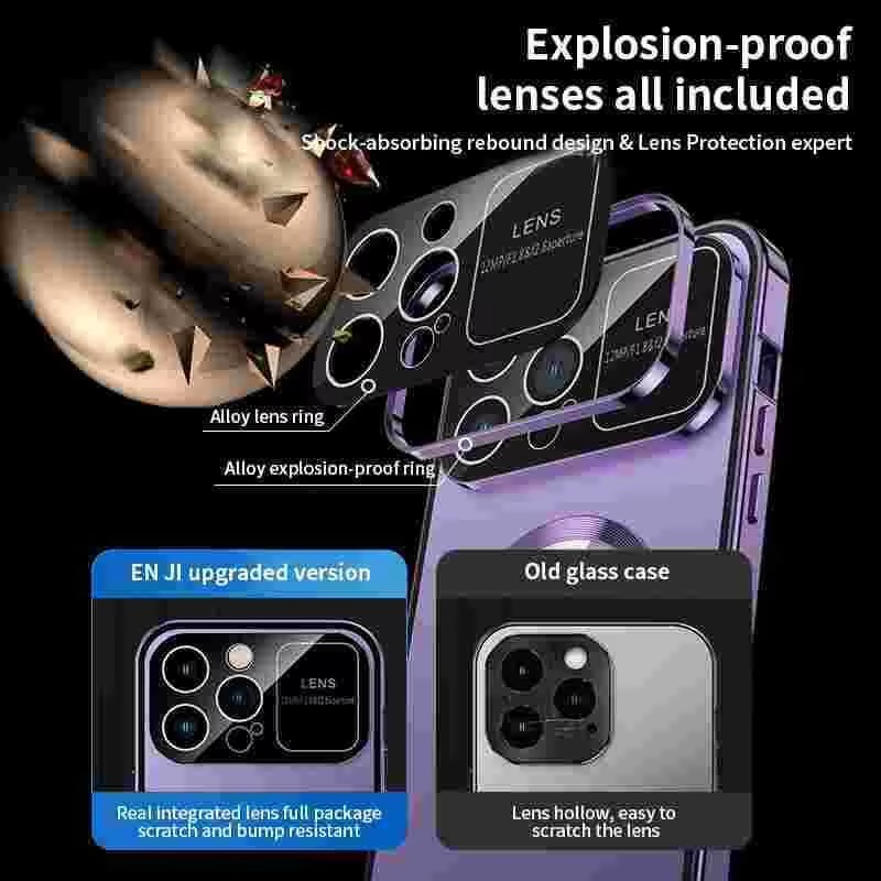 Luxury iPhone Case — Magnetic Metal Cover with Large Window Lens Protection, Aluminum Frame, Tempered Glass Screen Shield and Shockproof Slim Scratch-Resistant Design