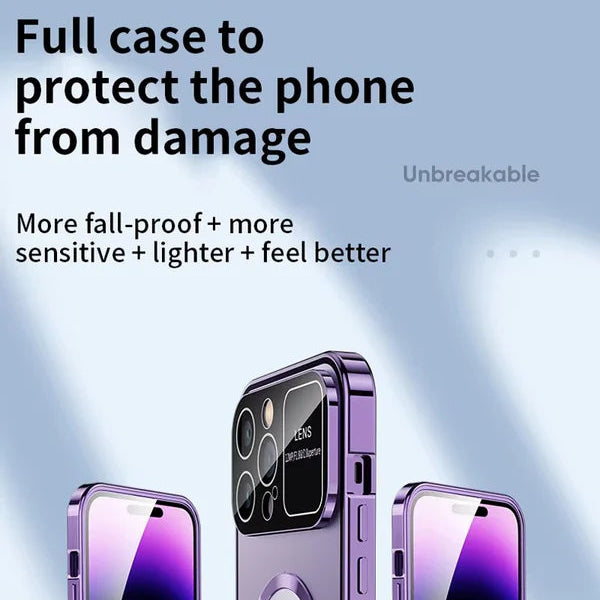 Luxury iPhone Case — Magnetic Metal Cover with Large Window Lens Protection, Aluminum Frame, Tempered Glass Screen Shield and Shockproof Slim Scratch-Resistant Design
