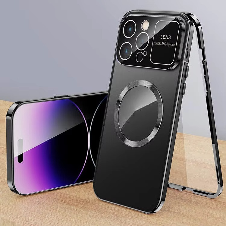 Luxury iPhone Case — Magnetic Metal Cover with Large Window Lens Protection, Aluminum Frame, Tempered Glass Screen Shield and Shockproof Slim Scratch-Resistant Design