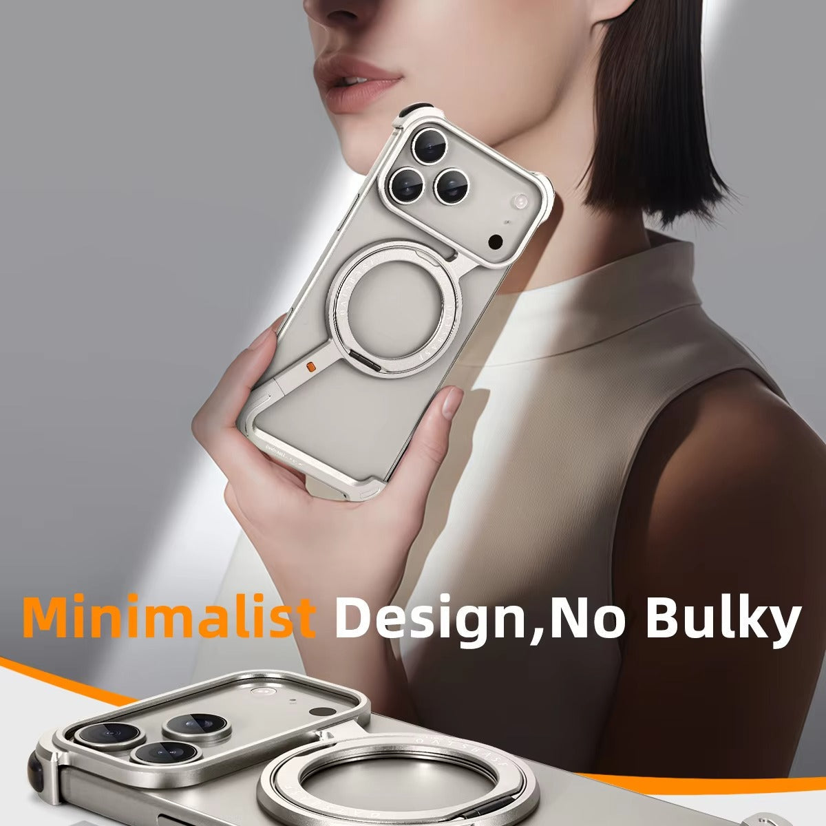 Luxury iPhone Case — Metal Magnetic Frameless Aluminum Alloy Cover with 360° Rotating Stand Ring, MagSafe-Compatible Shockproof Protective Design