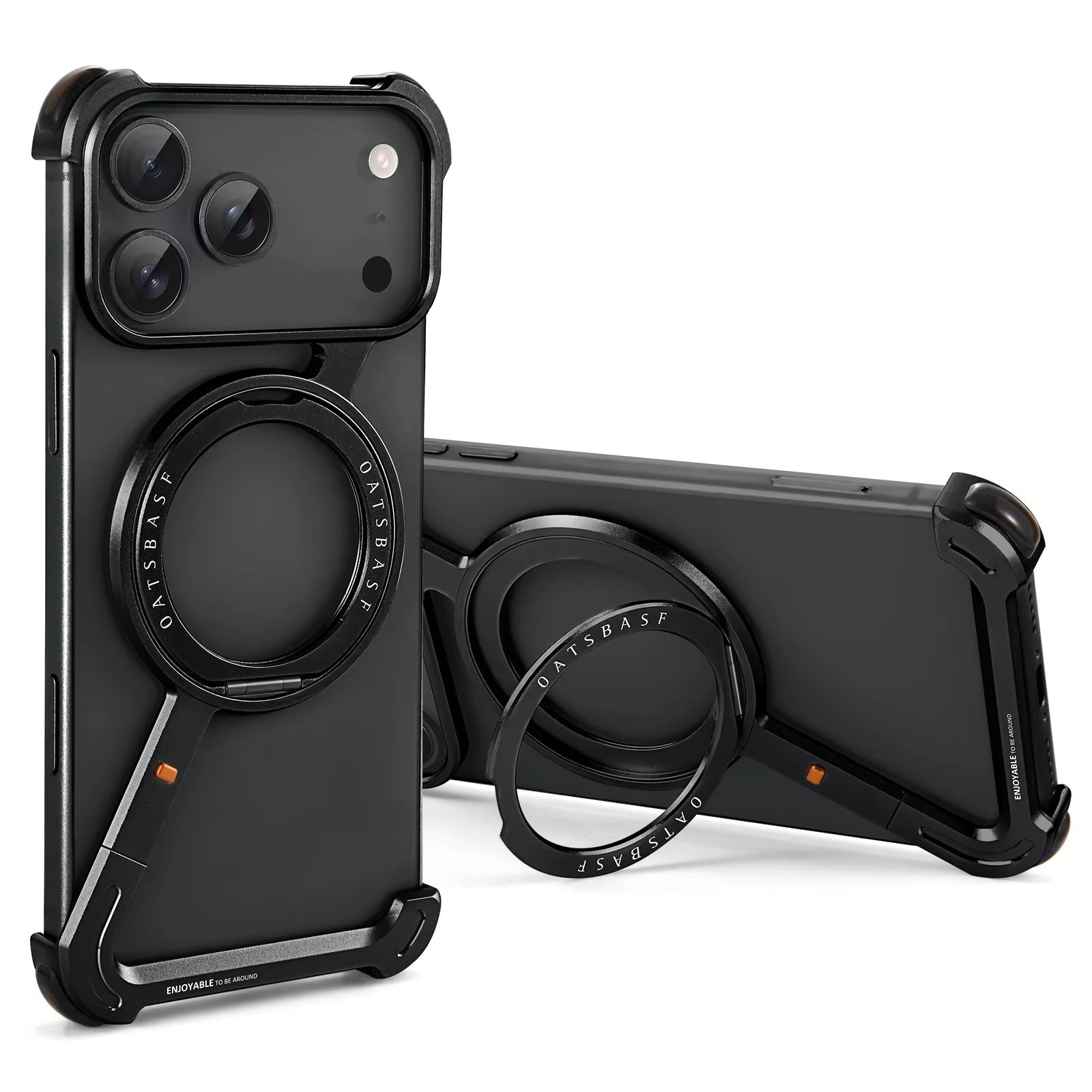 Luxury iPhone Case — Metal Magnetic Frameless Aluminum Alloy Cover with 360° Rotating Stand Ring, MagSafe-Compatible Shockproof Protective Design