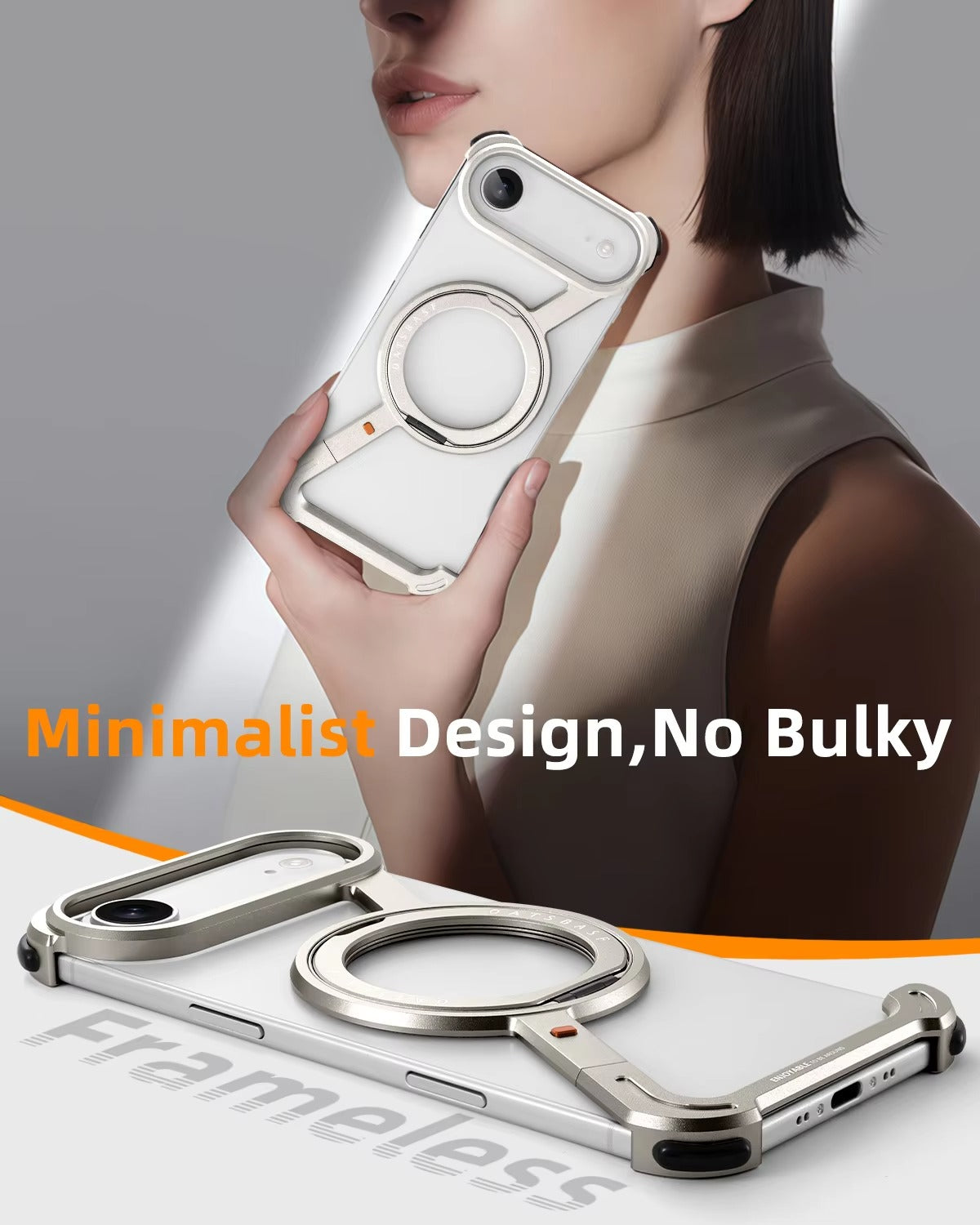 Luxury iPhone Case — Metal Magnetic Frameless Aluminum Alloy Cover with 360° Rotating Stand Ring, MagSafe-Compatible Shockproof Protective Design