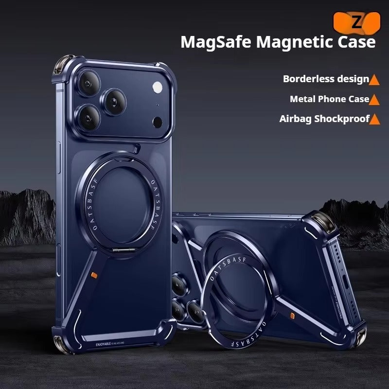 Luxury iPhone Case — Metal Magnetic Frameless Aluminum Alloy Cover with 360° Rotating Stand Ring, MagSafe-Compatible Shockproof Protective Design