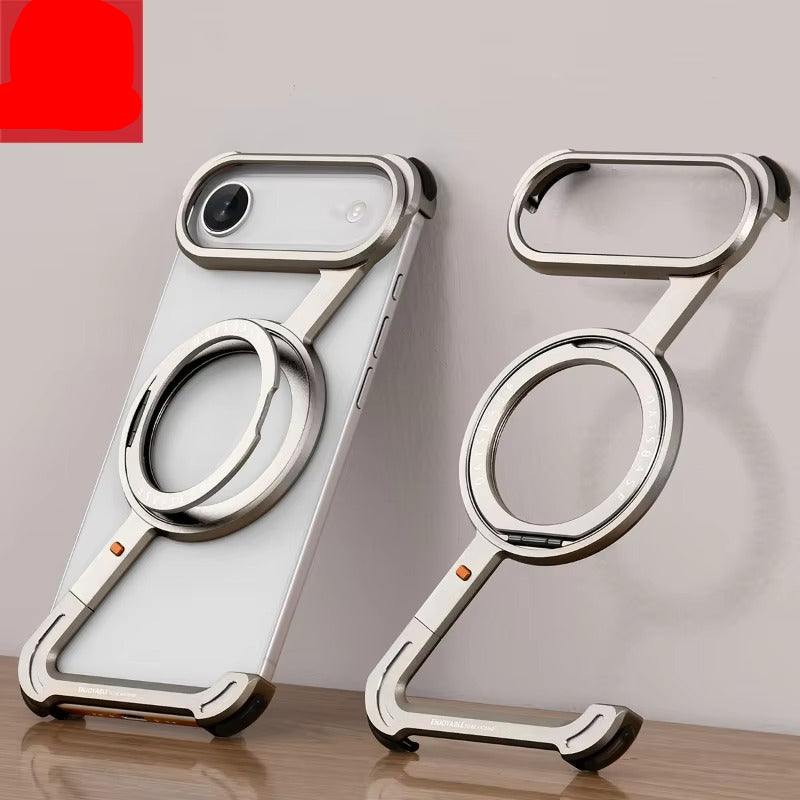 Luxury iPhone Case — Metal Magnetic Frameless Aluminum Alloy Cover with 360° Rotating Stand Ring, MagSafe-Compatible Shockproof Protective Design