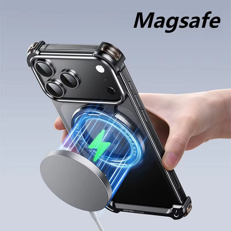 Luxury iPhone Case — Metal Magnetic Frameless Aluminum Alloy Cover with 360° Rotating Stand Ring, MagSafe-Compatible Shockproof Protective Design