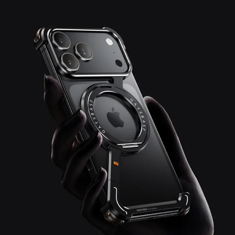 Luxury iPhone Case — Metal Magnetic Frameless Aluminum Alloy Cover with 360° Rotating Stand Ring, MagSafe-Compatible Shockproof Protective Design