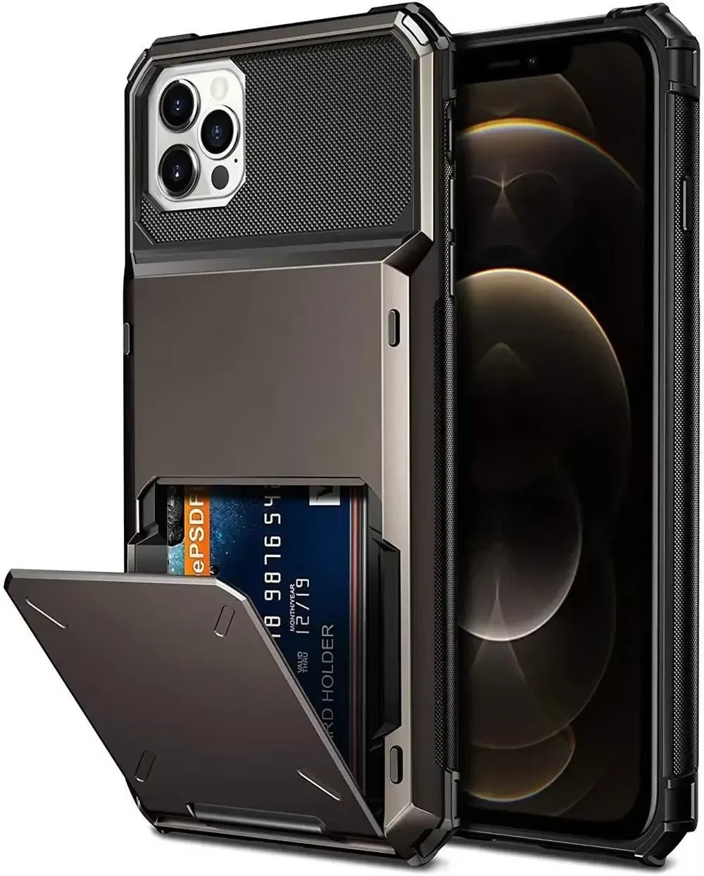 Luxury iPhone Wallet Case with 5-Card Slot — Hidden Flip Door Card Holder, Dual Layer Shockproof Armor, Raised Screen Lip, Scratch-Resistant Protective Cover
