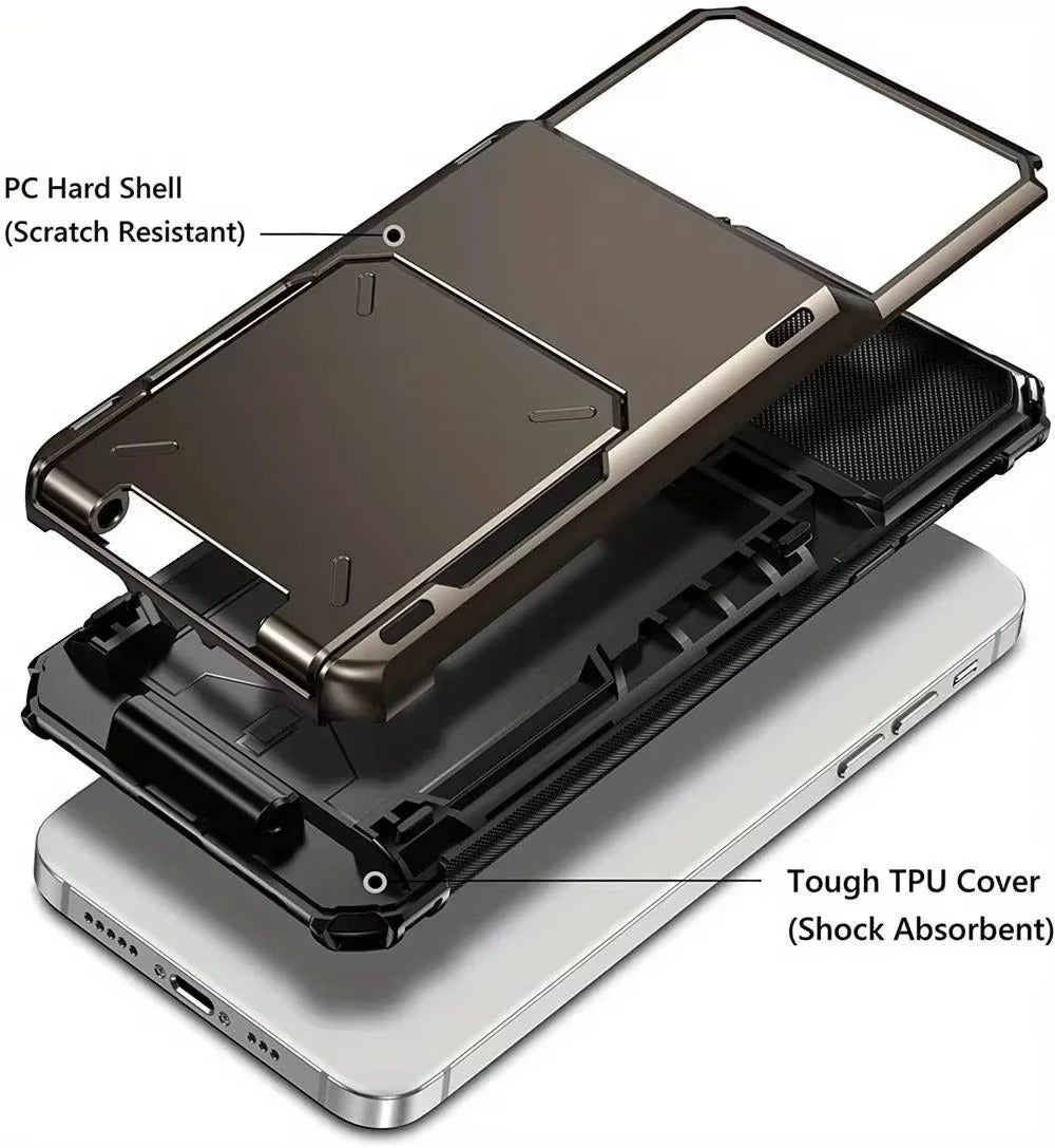 Luxury iPhone Wallet Case with 5-Card Slot — Hidden Flip Door Card Holder, Dual Layer Shockproof Armor, Raised Screen Lip, Scratch-Resistant Protective Cover