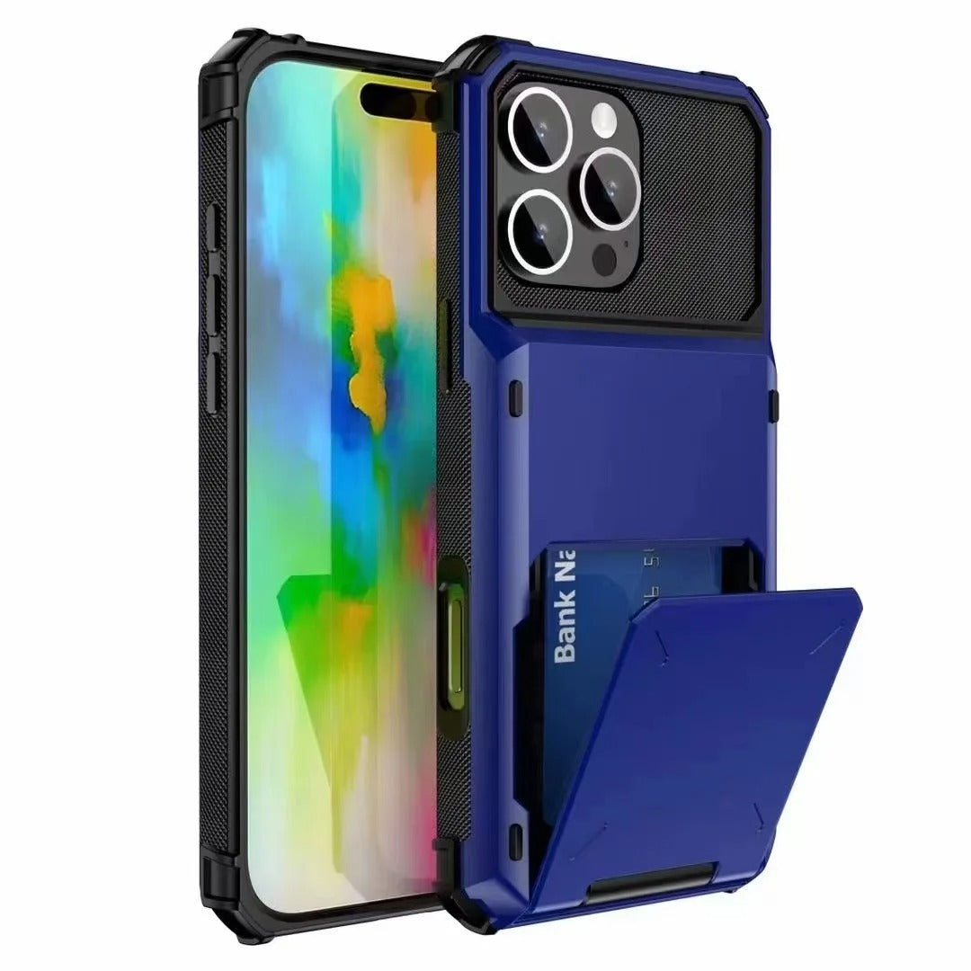 Luxury iPhone Wallet Case with 5-Card Slot — Hidden Flip Door Card Holder, Dual Layer Shockproof Armor, Raised Screen Lip, Scratch-Resistant Protective Cover