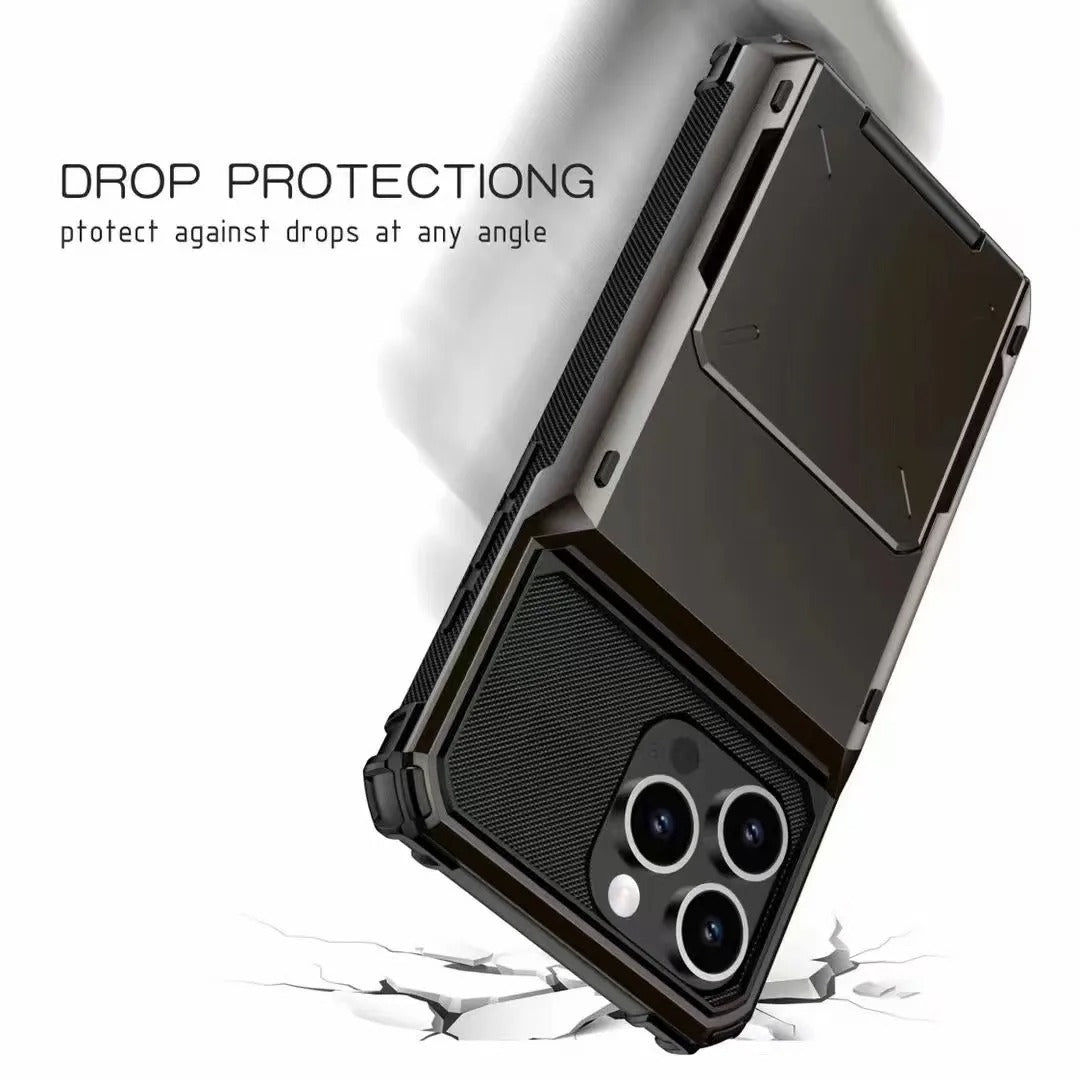 Luxury iPhone Wallet Case with 5-Card Slot — Hidden Flip Door Card Holder, Dual Layer Shockproof Armor, Raised Screen Lip, Scratch-Resistant Protective Cover