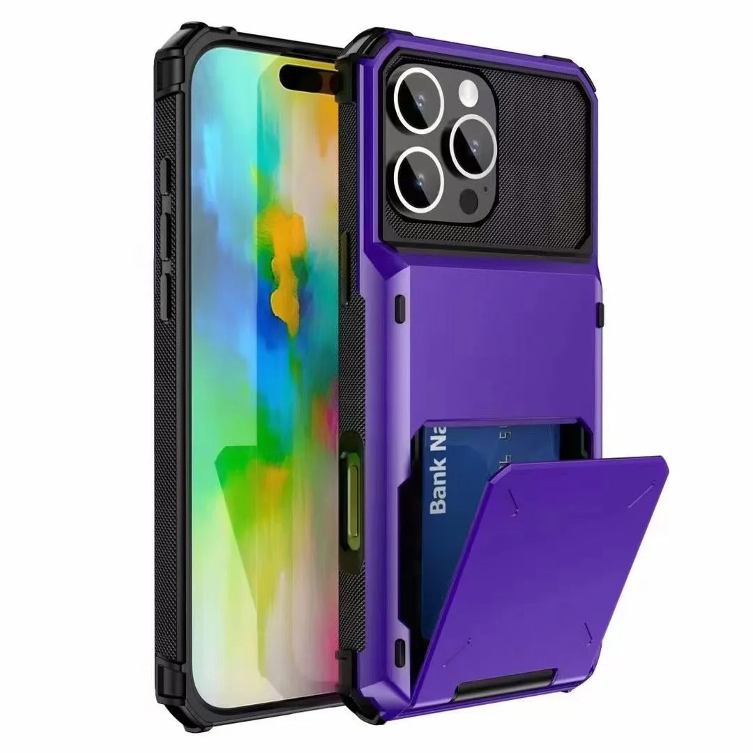 Luxury iPhone Wallet Case with 5-Card Slot — Hidden Flip Door Card Holder, Dual Layer Shockproof Armor, Raised Screen Lip, Scratch-Resistant Protective Cover