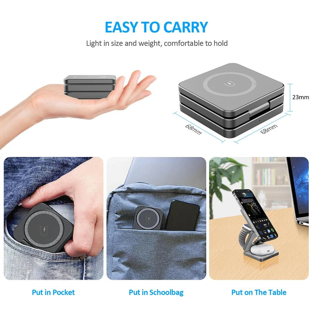 Minimalist iPhone 3-in-1 Foldable Magnetic Wireless Charging Station, 15W Fast-Charge Stand for Phone, Watch & Earbuds with Compact Travel Design Research 3-in-1 magnetic wireless chargers Spend a few minutes for better results