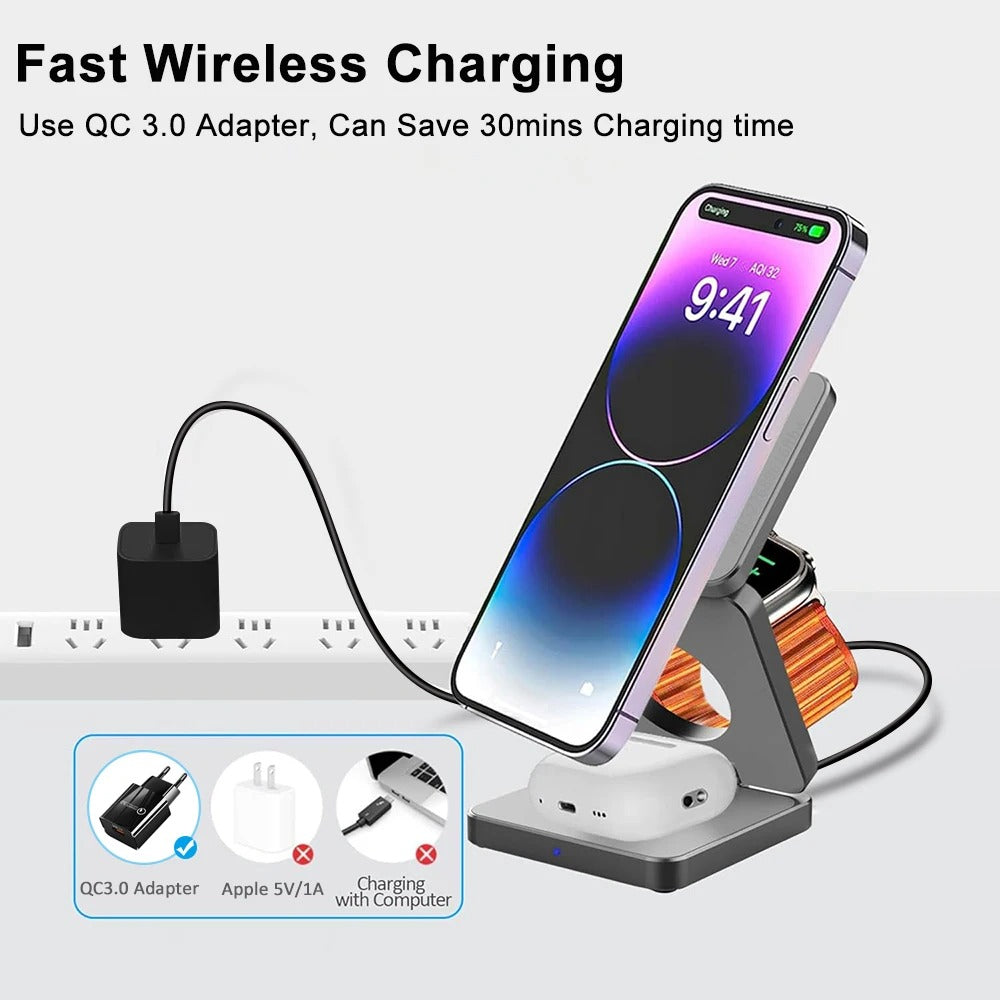 Minimalist iPhone 3-in-1 Foldable Magnetic Wireless Charging Station, 15W Fast-Charge Stand for Phone, Watch & Earbuds with Compact Travel Design Research 3-in-1 magnetic wireless chargers Spend a few minutes for better results