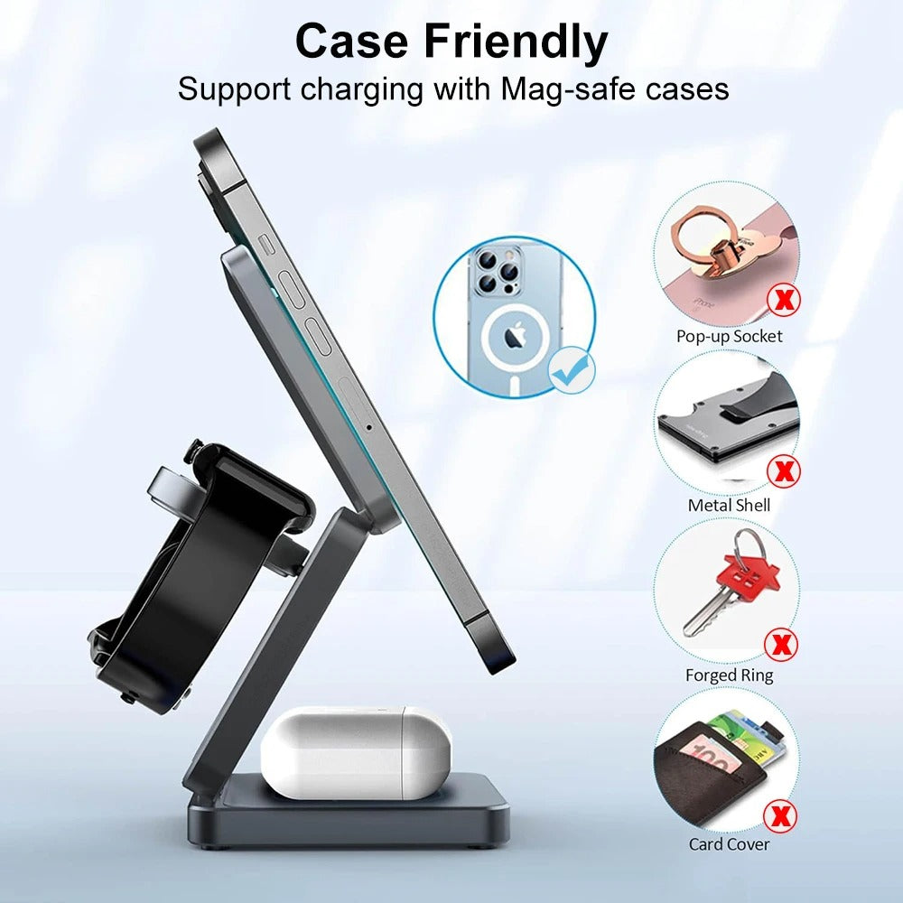 Minimalist iPhone 3-in-1 Foldable Magnetic Wireless Charging Station, 15W Fast-Charge Stand for Phone, Watch & Earbuds with Compact Travel Design Research 3-in-1 magnetic wireless chargers Spend a few minutes for better results
